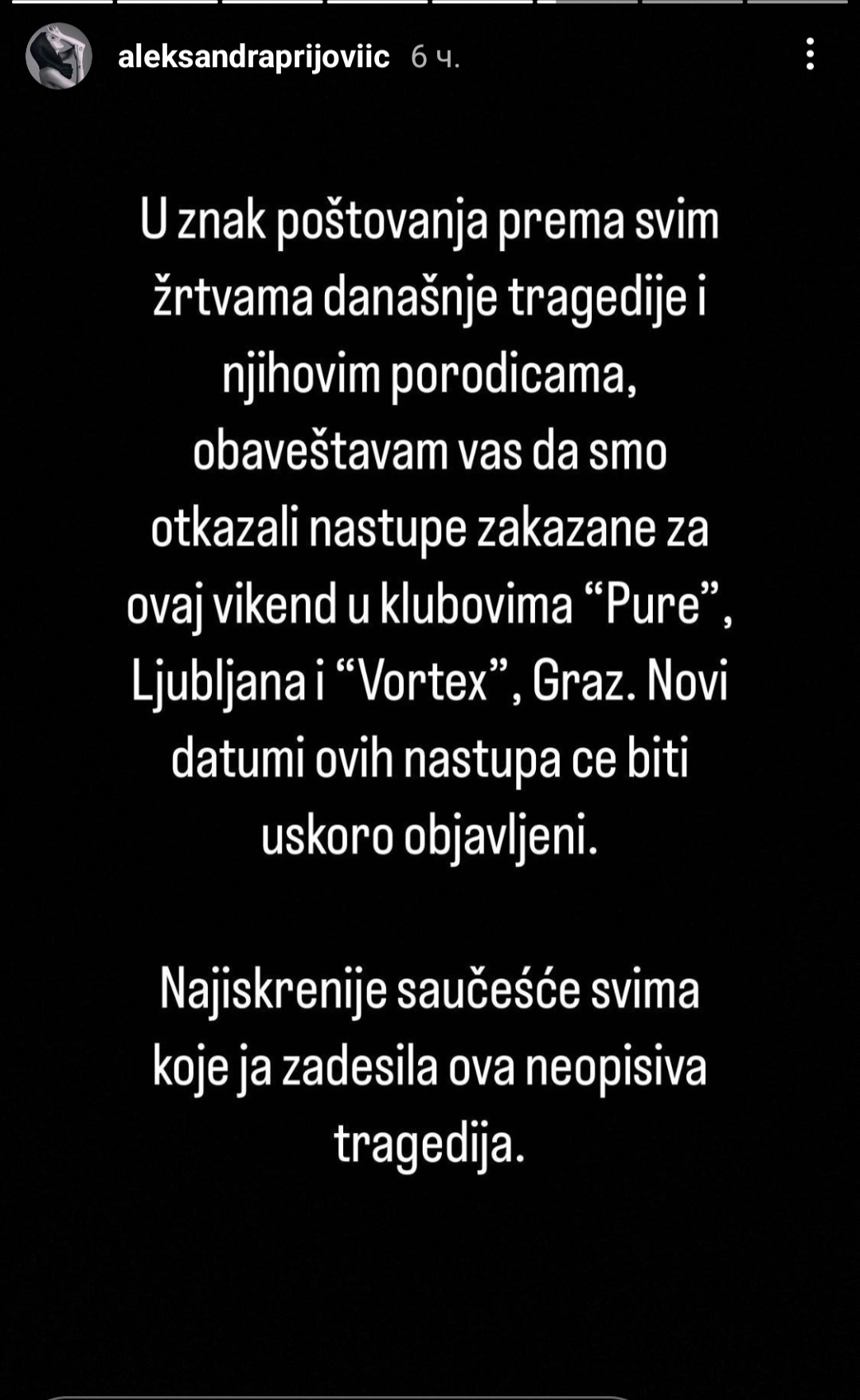 Aleksandra Prijović zbog pucnjave u Beogradu otkazala nastupe: "Neopisiva tragedija" 7 Screenshot 20230503 232613 Instagram