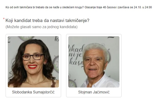 Slobodanka i Stojman vode borbu na Fejsbuk glasanju, a samo vi odlučujete koga ćemo gledati u narednom krugu 6 glasanje 1