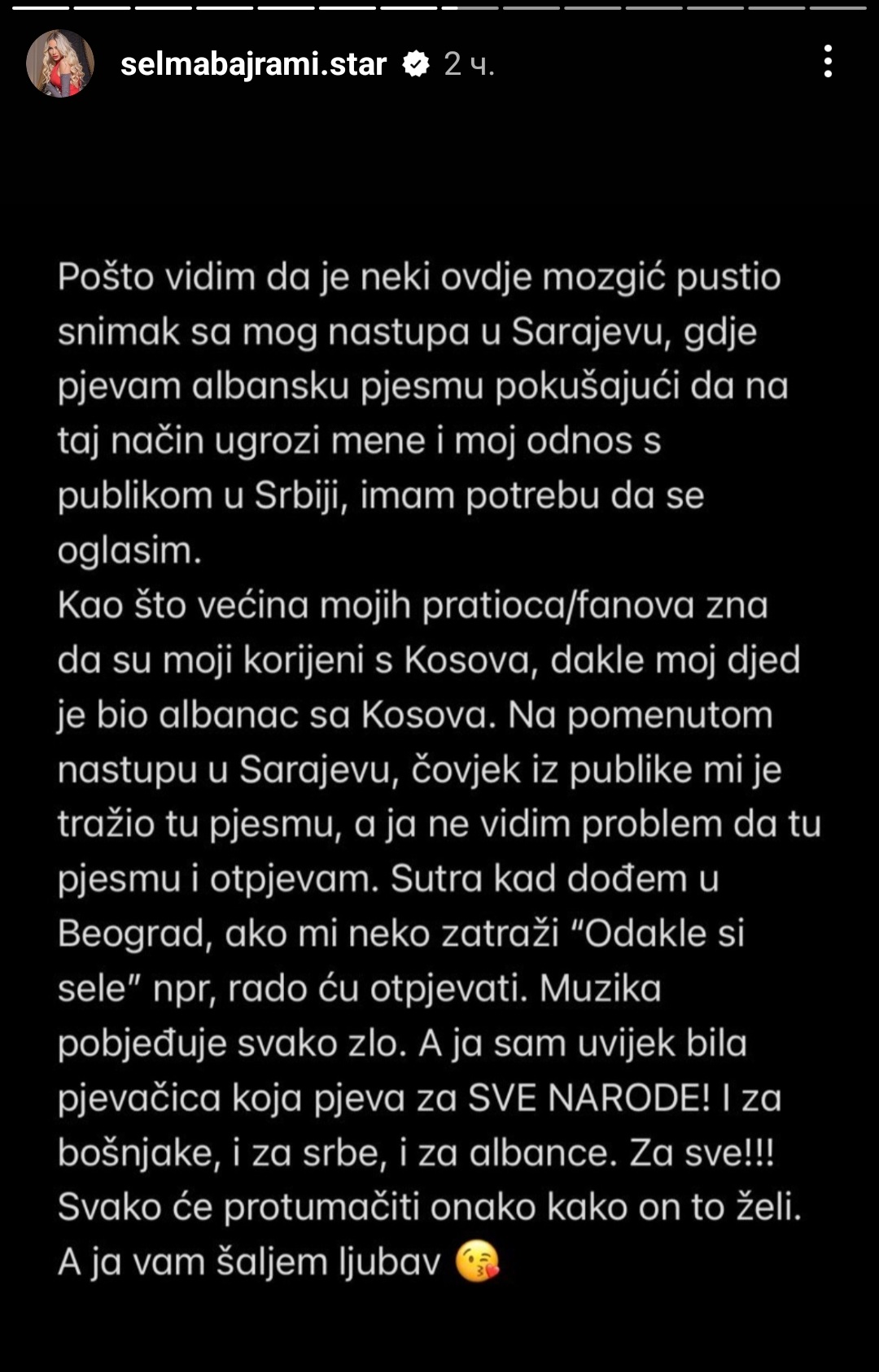 "Moj deda je Albanac sa Kosova" Nakon skandaloznog snimka oglasila se Selma Bajrami: Rado ću otpevati i "Odakle si Sele" 5 Screenshot 20231125 153333 Instagram