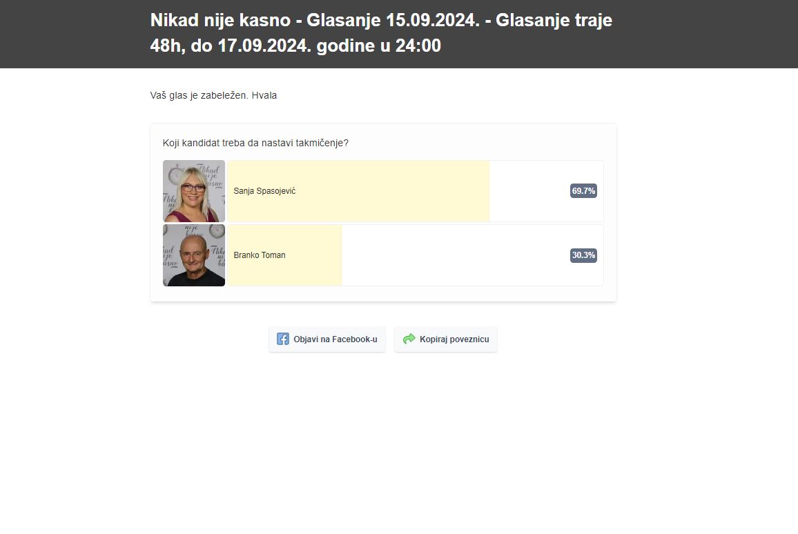 Prvi presek u desetoj sezoni "Nikad nije kasno": Sanja ili Branko, odluka je u vašim rukama 8 glasanje presek