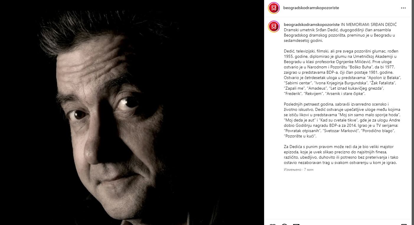 Umro poznati glumac, bio je majstor najvećih uloga 7 umro glumac srdjan dedic