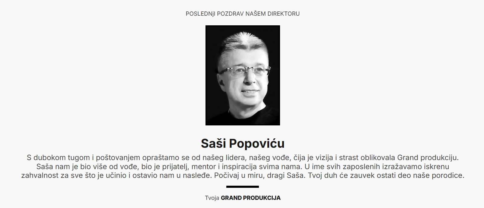 Grand produkcija se oprostila od Saše Popovića, osvanula čitulja: "Bio nam je više od vođe..." 9 Screenshot 2025 03 04 200508