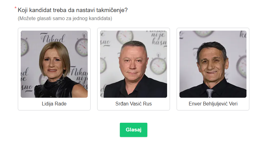 Tri takmičara se bore za ovogodišnje polufinale u Nikad nije kasno, odluka je u vašim rukama 7 glasanje nikad nije kasno