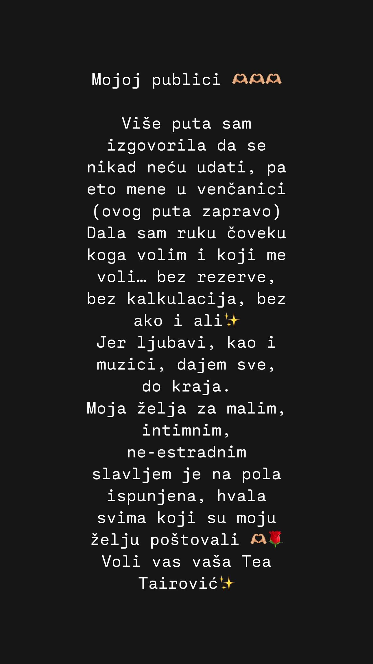 Prvo oglašavanje Tee Tairović nakon svadbe, pevačica nikad emotivnija: "Dala sam ruku čoveku kog volim" 6 prvo oglasavanje tee tairovic nakon svadbe