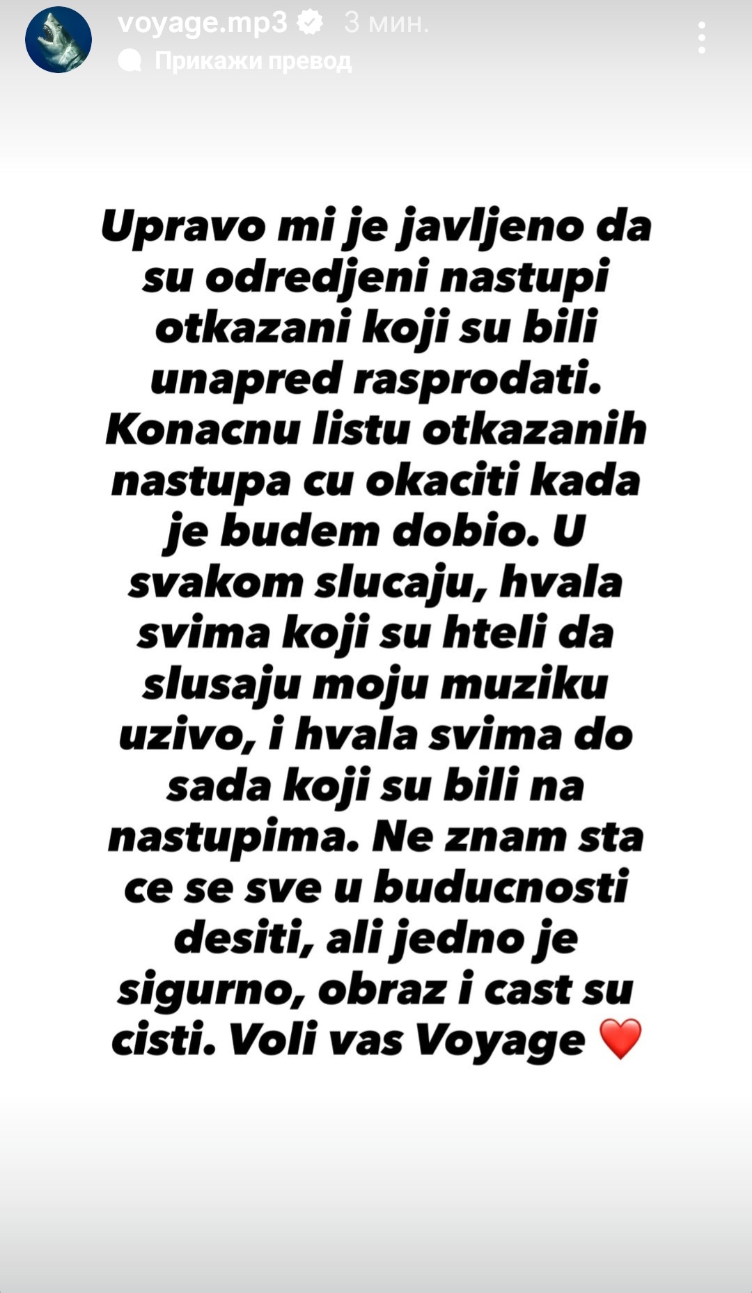 ''Obraz mi je čist'': Vojažu otkazuju nastupe, fanovi sumnjaju da nije slučajnost 7 Screenshot 20250822 113206 Instagram