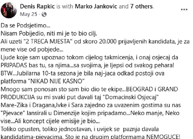 Dvostruko treći Denis Rapkić otkrio po čemu je "Nikad nije kasno" jedinstveno na planeti: "To je za mene više od pobede" 7 zahvalan denis
